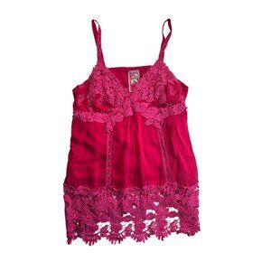 Vtg Johnny Was Kawaii Milkmaid Hot Pink Lace Cami RARE Y2K 2000s, Size Medium